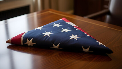 Folded American flag on wooden table inside office or room