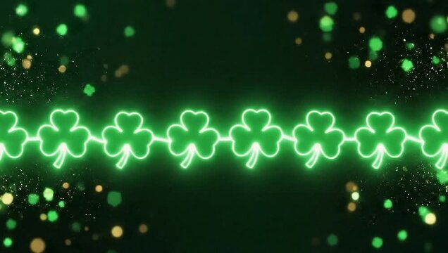 Neon Shamrocks Glowing in a Row with Green and Gold Bokeh Particles.