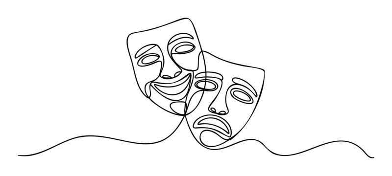 Comedy and tragedy theater masks drawn with a minimalist continuous line representing emotional spectrum and human experience for performance arts and dramatic themes