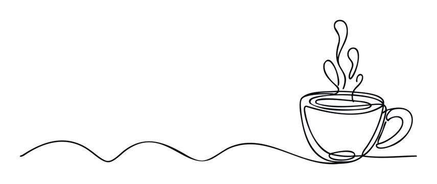 Minimalist continuous line drawing of a steaming coffee cup perfect for cafe menu backgrounds greeting cards or a simple decorative banner for drink related promotions