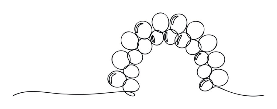 Continuous line drawing of a festive balloon arch creating a playful graphic design perfect for invitations, greeting cards, or event decorations.
