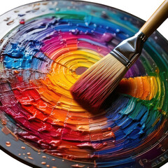 Paint brush on a vibrant, swirled color palette