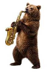Funny brown bear playing saxophone isolated on transparent background, generative ai