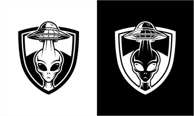 Alien head with UFO hat in a shield emblem design.
