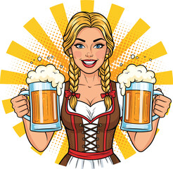 Smiling blonde woman in a traditional dirndl holding two frothy beer mugs in pop art style.