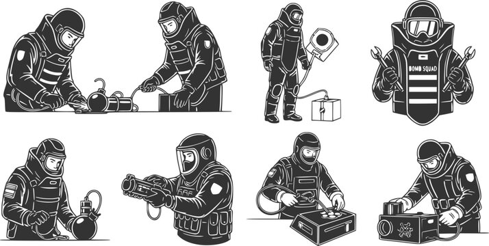 Bomb Disposal Expert Silhouette Defusing Explosive EOD Technician Dangerous Job Bomb Squad Black Vector Isolated White Background Professional Hero Military Hazardous