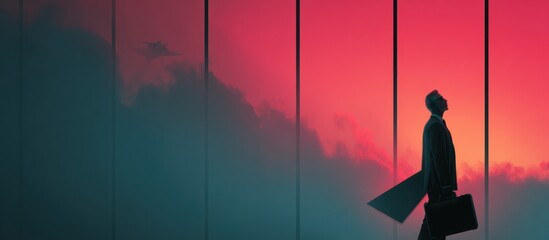 A businessman walks towards light, carrying a briefcase, with a city-sky backdrop