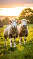 Obraz premium Two Sheep Sunset Field.
