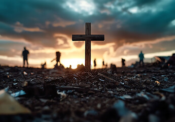 Serene wooden cross stands prominently against dramatic sunset, surrounded by silhouettes of people, evoking sense of reflection and peace