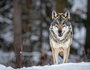 Obraz premium A regal wolf standing in the snow, gazing directly at the viewer