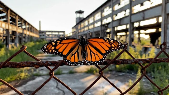 A monarch butterfly perches on a rusty chain link fence in an abandoned industrial area with overgrown vegetation and crumbling buildings in the background, possibly for use in environmental
