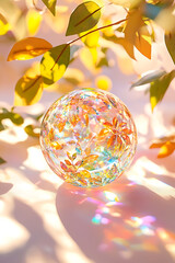 Holographic crystal ball with sparkling rainbow colors reflects light beautifully, surrounded by vibrant leaves