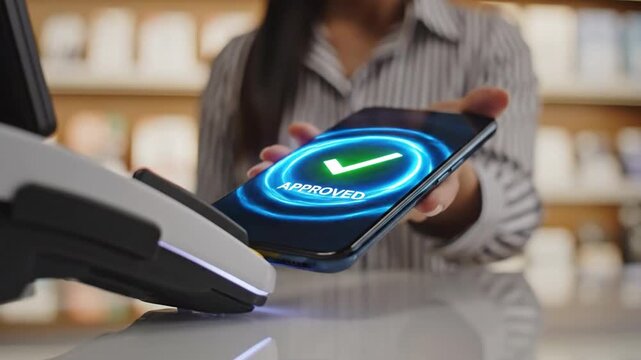 Contactless Payment: A close-up shot of a person using a smartphone to make a contactless payment at a point-of-sale terminal. This scene highlights the ease and speed of modern payment methods.