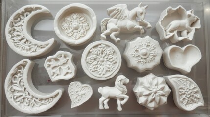 Collection of intricately designed white molds