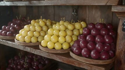 Bright plums neatly arranged on the fruit rack