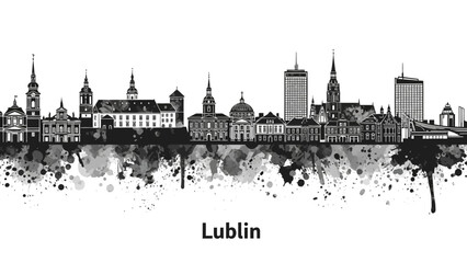 Obraz premium Lublin City Skyline Black White Illustration.