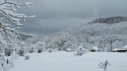 Winter landscape in a mountain village