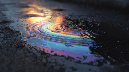 A captivating display of an oil spill on asphalt, showcasing a mesmerizing iridescent sheen