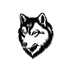 Wolf Head Illustration, Black and White Line Art Wild Animal Portrait 