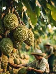 Fruit farmers harvest mature durians in tropical durian orchards
