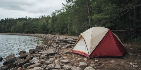 Tent set up by lakeside rocks