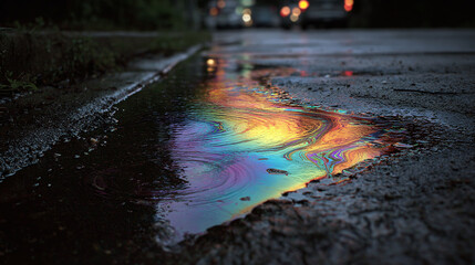 A colorful oil slick reflecting light on a wet road, showcasing an array of mesmerizing hues