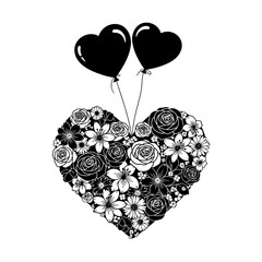 Floral Heart Balloon Bouquet Roses Vector Illustration