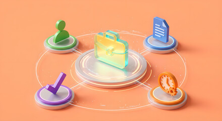 3d isometric business management concept with glass briefcase icon surrounded by project symbols for time document profile and task completion on orange background