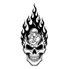 Flaming Skull Mother Baby Embrace Dark Vector Tattoo