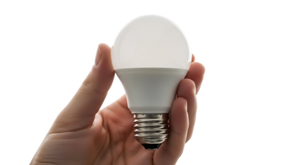 hand holding a white light bulb with silver base and screw threads