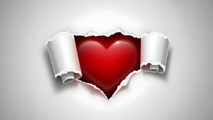 Ripped paper revealing a glossy red heart on a white background Keywords: heart, love, valentine, ripped paper, torn paper, white, background, red