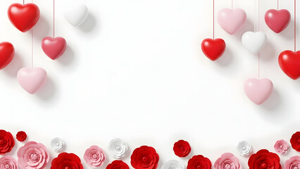 Red, pink, and white hearts and flowers border on a white background love valentine