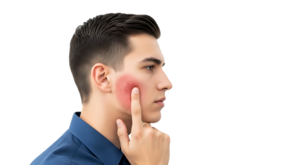 Young Man Touching Red Rash on Face in Blue Shirt