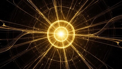 Cahaya keemasan yang semarak meledak dalam pola energi yang dinamis.