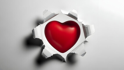 Torn white paper revealing a shiny red heart with shadow Keywords: heart, love, valentine, ripped paper, torn paper, white, background, red