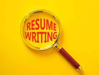 Resume Writing symbol. Magnifying Glass with words Resume Writing. Beautiful yellow background. Business and Resume Writing concept. Copy space.