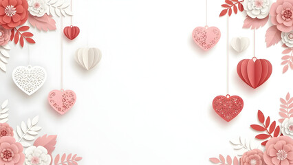 White and pink paper hearts and flowers decorating a white background love valentine