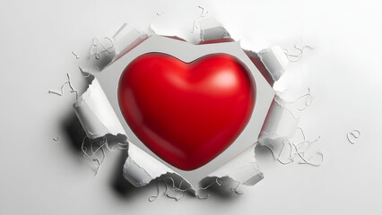 3D Red Heart Emerging Through Torn Paper on White Background ripped paper