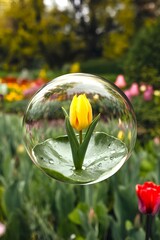 A yellow tulip flower is growing inside a water or rain drop representing spring season