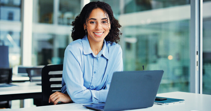 Happy, laptop and portrait of businesswoman in office with confidence for finance career. Smile, computer and female financial advisor with pride for company about us with job opportunity in Mexico.