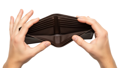 Hands holding an empty brown leather wallet isolated on white background