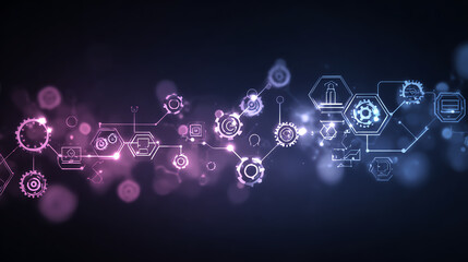 Abstract technology illustration with glowing gears and digital elements in a futuristic style.