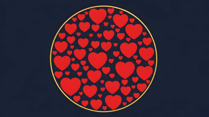 Circle filled with red hearts of various sizes on a dark blue background love valentine