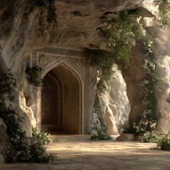 Mystical Cave Entrance with Decorative Arch and Overgrown Plants in Ethereal Nature Scene