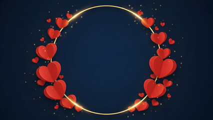 Circular Frame of Red Hearts and Gold Glitter on Dark Blue Background image