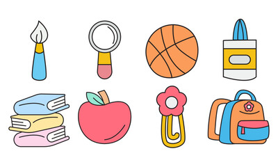 Hand Drawn Back to School Icons with Books Apple Backpack and Sports