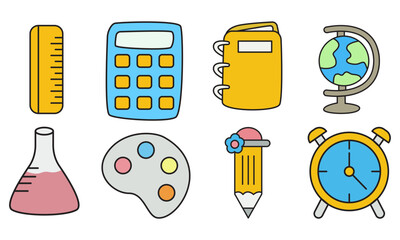 Hand Drawn School and Science Icons with Calculator Globe and Art Tools