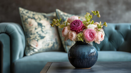 Elegant Flower Arrangement in Spherical Vase: Elevate Your Home Decor with Pastel Roses and Vibrant Greens for a Cozy, Luxurious Living Room Ambiance