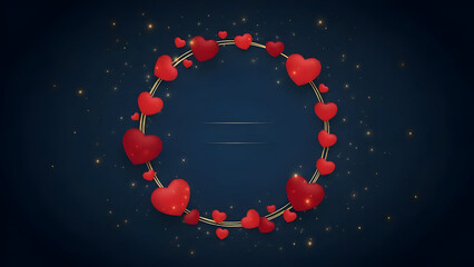 Circular frame of red hearts with golden accents and scattered gold lights love valentine
