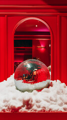 Chic Modern Interior with Disco Ball: Vibrant Red Walls and Mirror Reflections for Festive Party Atmosphere and Stylish Design